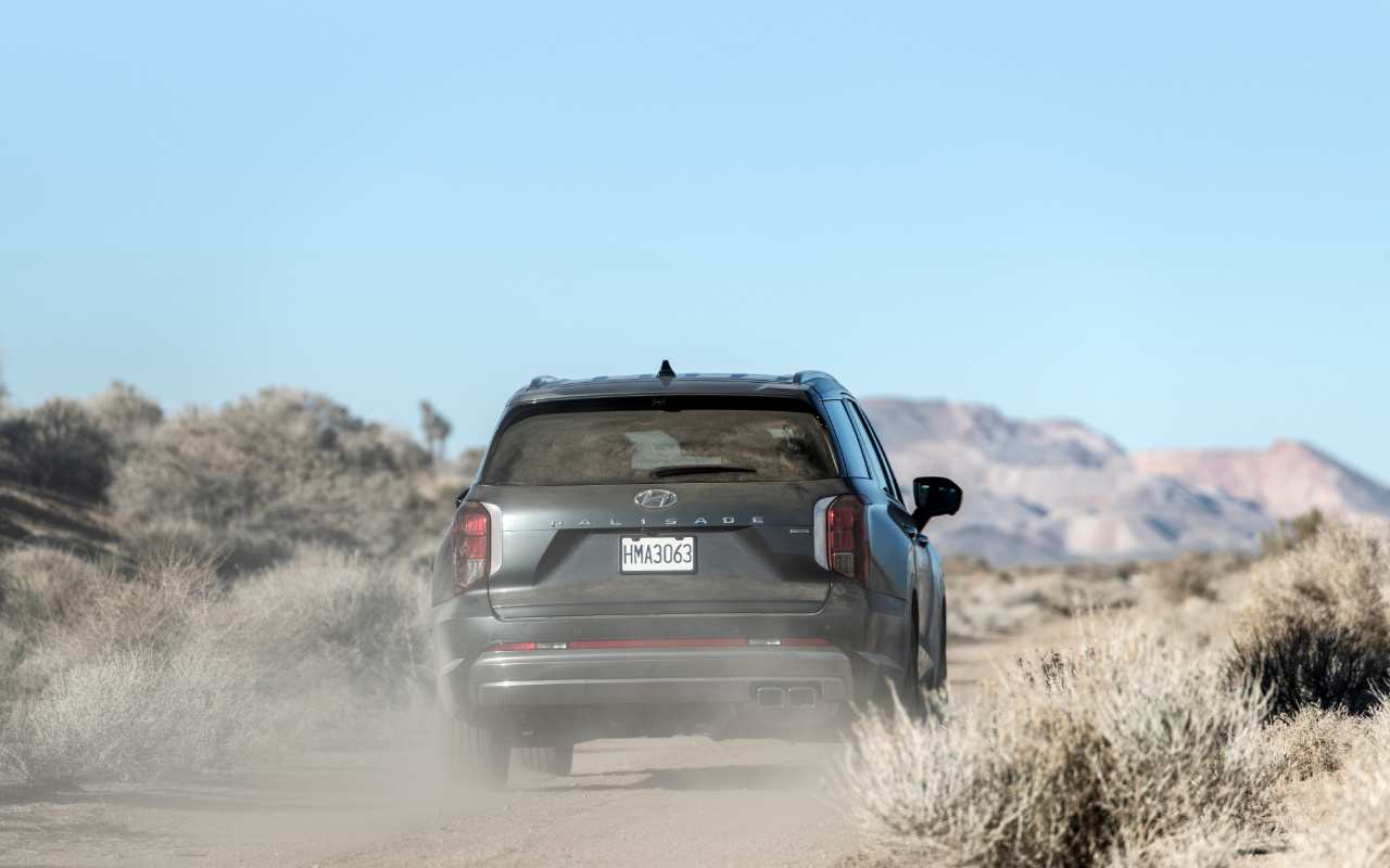 vue latérale arrière d'une Hyundai Palisade 2024 sur une route de sable dans le désert